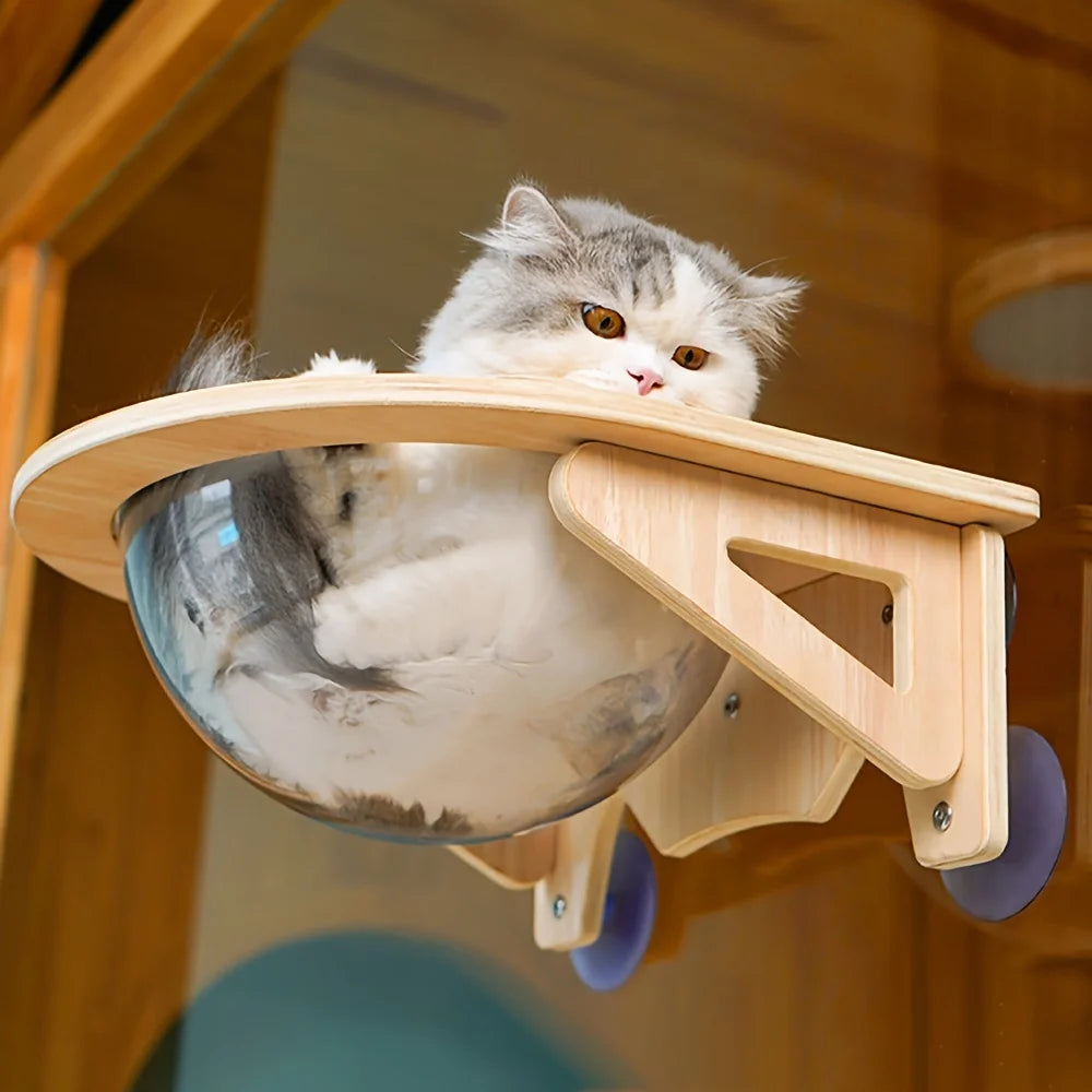Cat Window Perch Hammock with Suction Cups, Solid Wood Cat Bed for Window Mount, Space Capsule Pet Hanging Nest for Indoor Cats — image 1 of 7